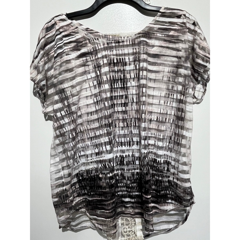 One World Womens Large Grey Burnout Stripe Lace Back Short Sleeve Blouse Top